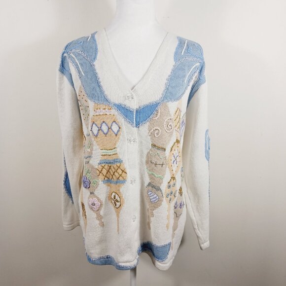 Storybook Knits Christmas, Holiday Cardigan Sweater, Ornaments & Ribbon, Size M - Picture 3 of 16